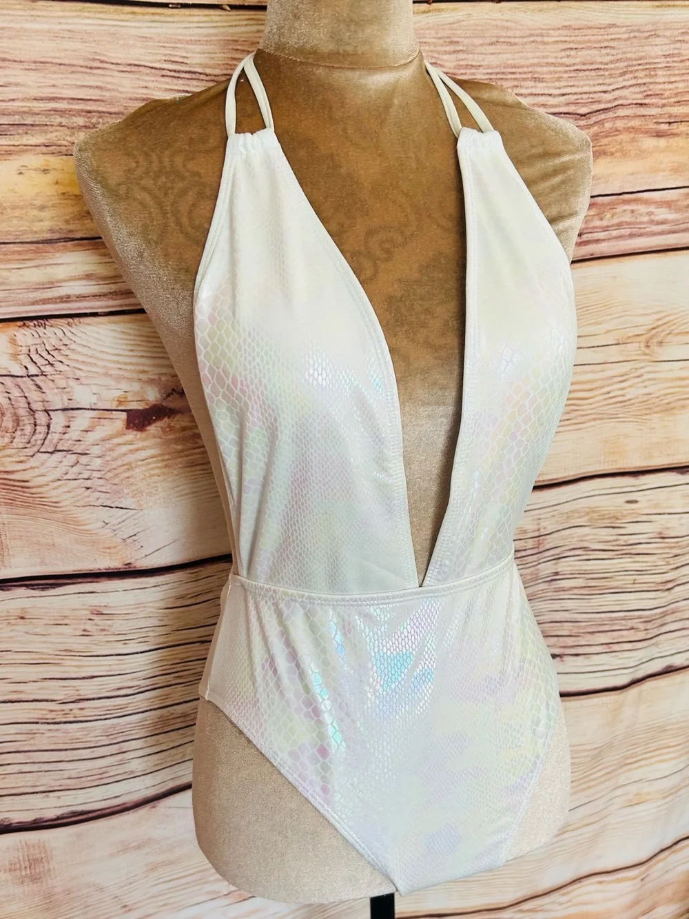SHEIN White Snakeskin Print Iridescence Plunging One-Piece Swim Suit L NWT